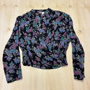 Vintage First Option Blouse Womens Medium Black Floral Wrap Long Sleeve Top